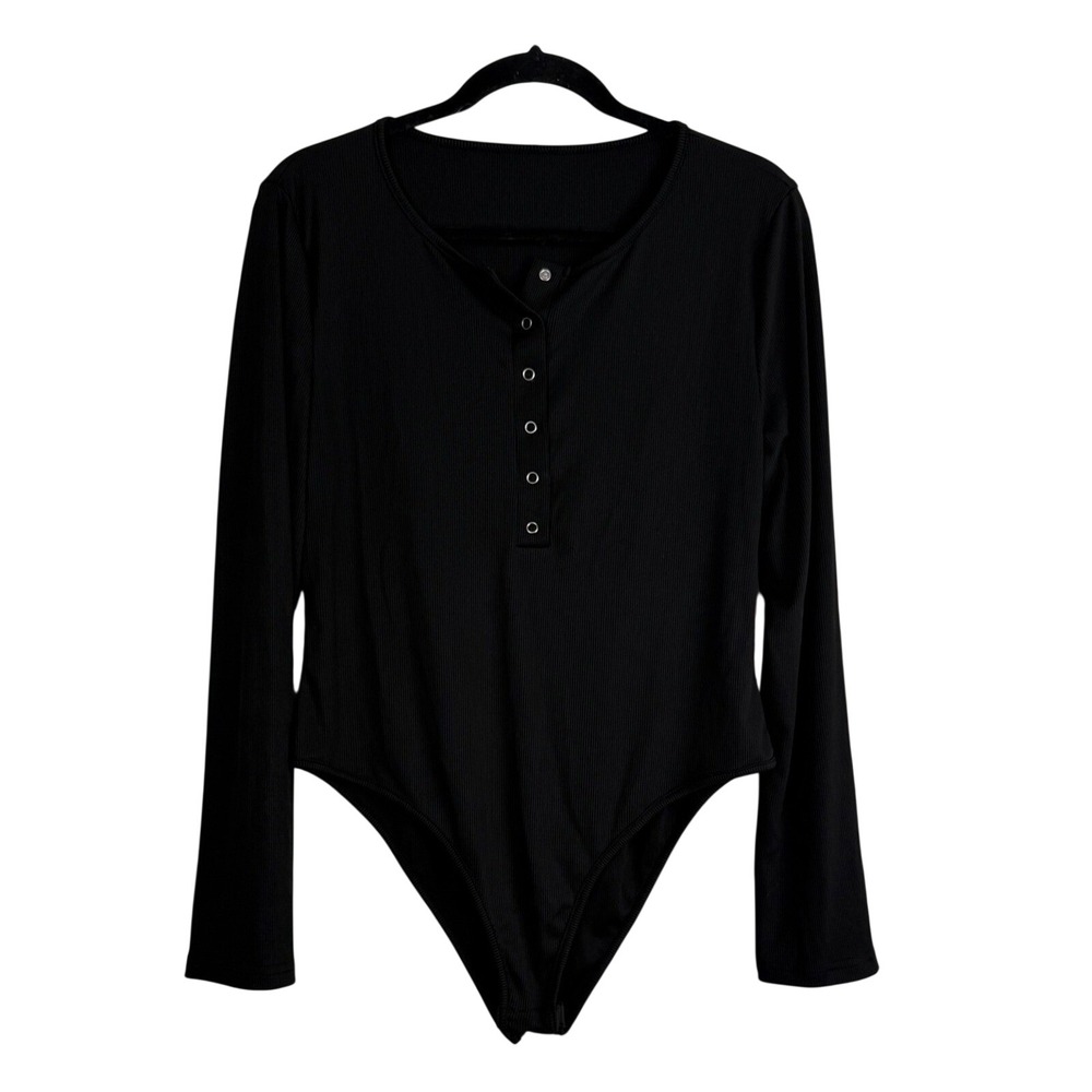 Unbranded Black Ribbed Henley Bodysuit Long Sleeve Scoop Neck XXL